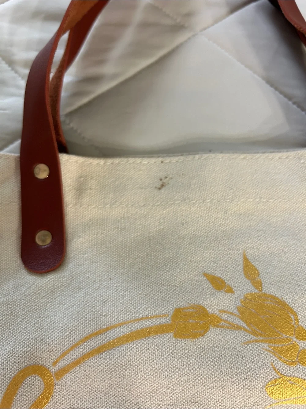 Amazon Cream Canvas Tote with Gold Monogram and Brown Handles